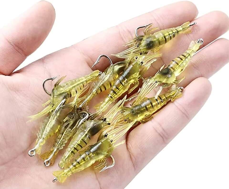 Kit de Pesca com 10 Iscas Artificiais de Camarão em Silicone Aromatizado com Anzol