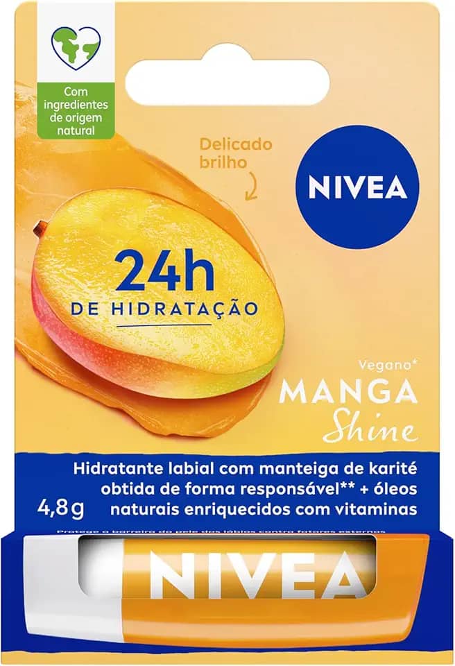 NIVEA Hidratante Labial Manga Shine 4,8g - 24h de hidratação para os lábios com brilho delicado.
