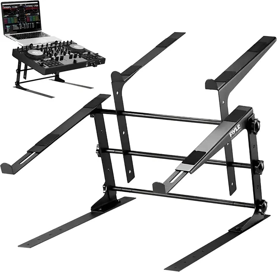 Pyle Suporte portátil duplo para laptop – mesa de pé com altura ajustável, design ergonômico e pinos antiderrapantes para mixer DJ, equipamento de som, estação de trabalho, jogos e uso doméstico – PLPTS38, preto