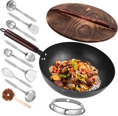 Leidawn Wok de aço carbono de 32,5 cm - 11 frigideiras e frigideiras com tampa, woks chineses sem revestimento químico com 10 acessórios de panela, wok de fundo plano para fogões elétricos, de indução