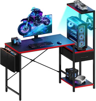 Bestier Mesa de computador com prateleiras, mesa de jogos pequena com luzes LED, mesa de escritório em casa para espaços pequenos, mesa de canto gamer com gaveta para quarto com bolsa de armazenamento