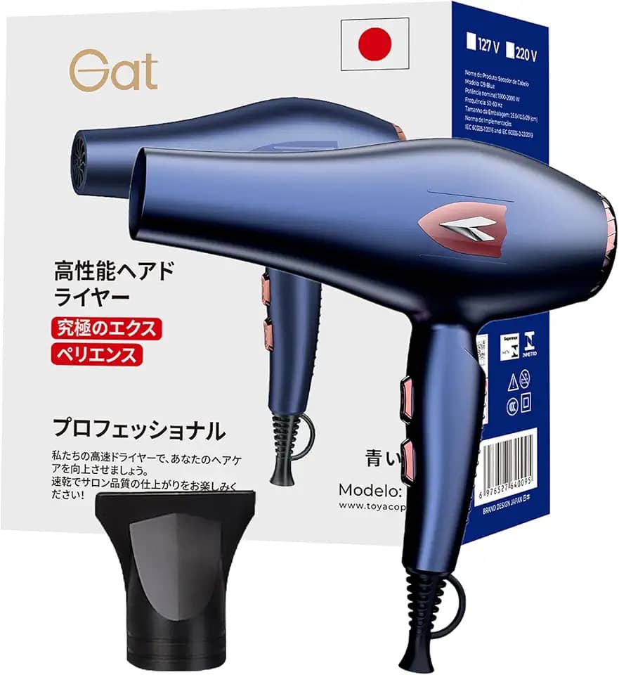 Gat Secador de Cabelo Profissional 1800W – Potente Motor Turbo, Rápida Secagem, Controle de Temperatura, Compacto e Portátil Ideal para Viagem e Uso Doméstico (Azul, 127V)