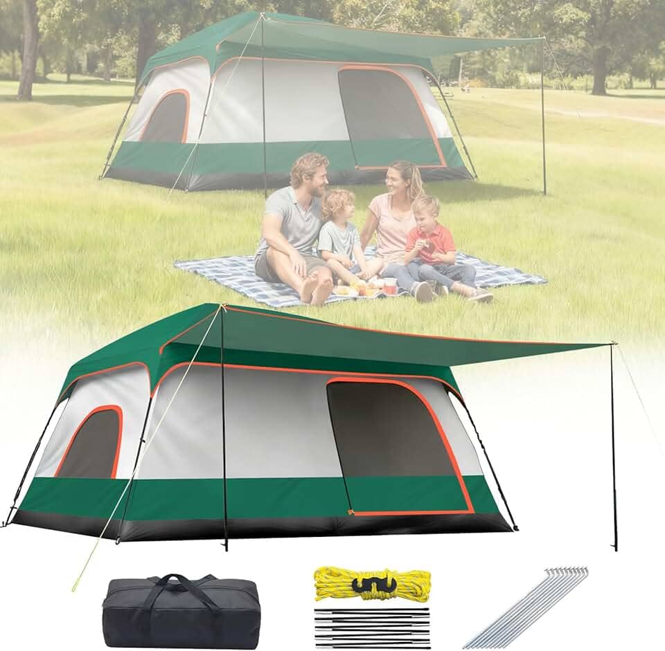 Barraca Camping Família Acampamento para 6-8 Pessoas com Varanda, Tenda Familiar Impermeável com Proteção Solar e Fácil de Transportar, Inclui Bolsa de Armazenamento.