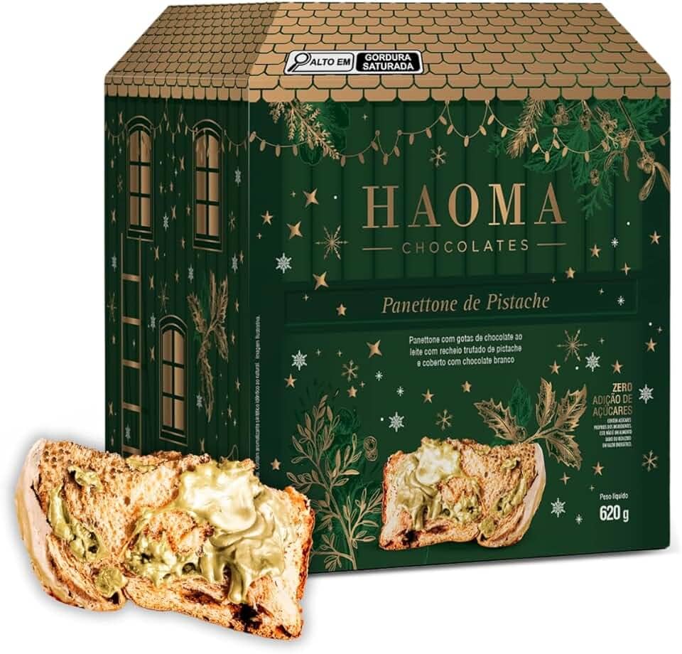 Haoma Panettone Trufado Pistache, Massa de Fermentação Natural, com Gotas de Chocolate ao Leite e Cobertura de Chocolate Branco, Sem Açúcar Adicionado, 620g
