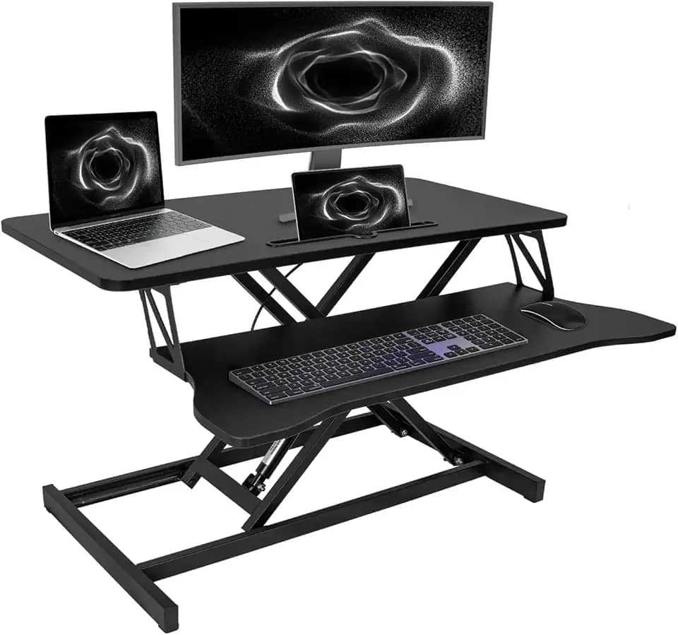 Conversor de mesa em pé, suporte de mesa ajustável de 81 cm de altura com bandeja de teclado para casa ou escritório, monitor duplo e estação de trabalho para laptop, preto