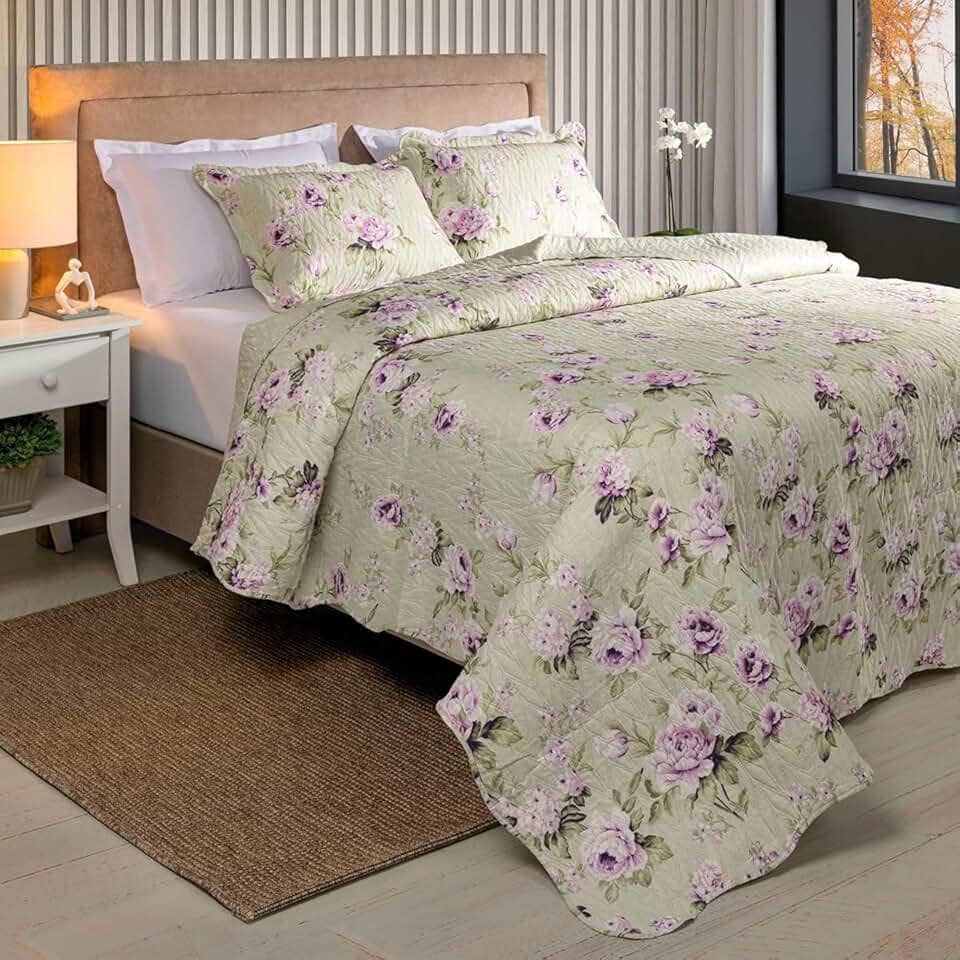 Kit Cobre Leito Colcha Boutis 3 Peças Nano Printing Matelado Ultrassônico Estampado Dupla Face Porta Travesseiro Aba Americana Micro Percal 150 Fios (Aurora Pistache, Queen)