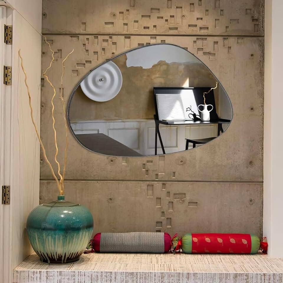 Espelho Orgânico Grande 60x80cm de Parede Lavabo Banheiro Sala Quarto Acabamento em Couro Ecológico 3cm Modelo Pinterest Nuvem Preto)