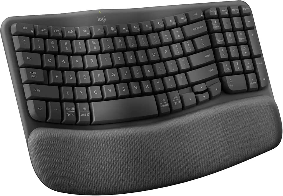 Teclado Ergonômico sem fio Logitech Wave Keys com Design Ondulado, Suporte para Descanso de Pulso Acolchoado, Bluetooth ou Receptor USB Logi Bolt, Compatível com Windows/Mac e Layout US - Grafite