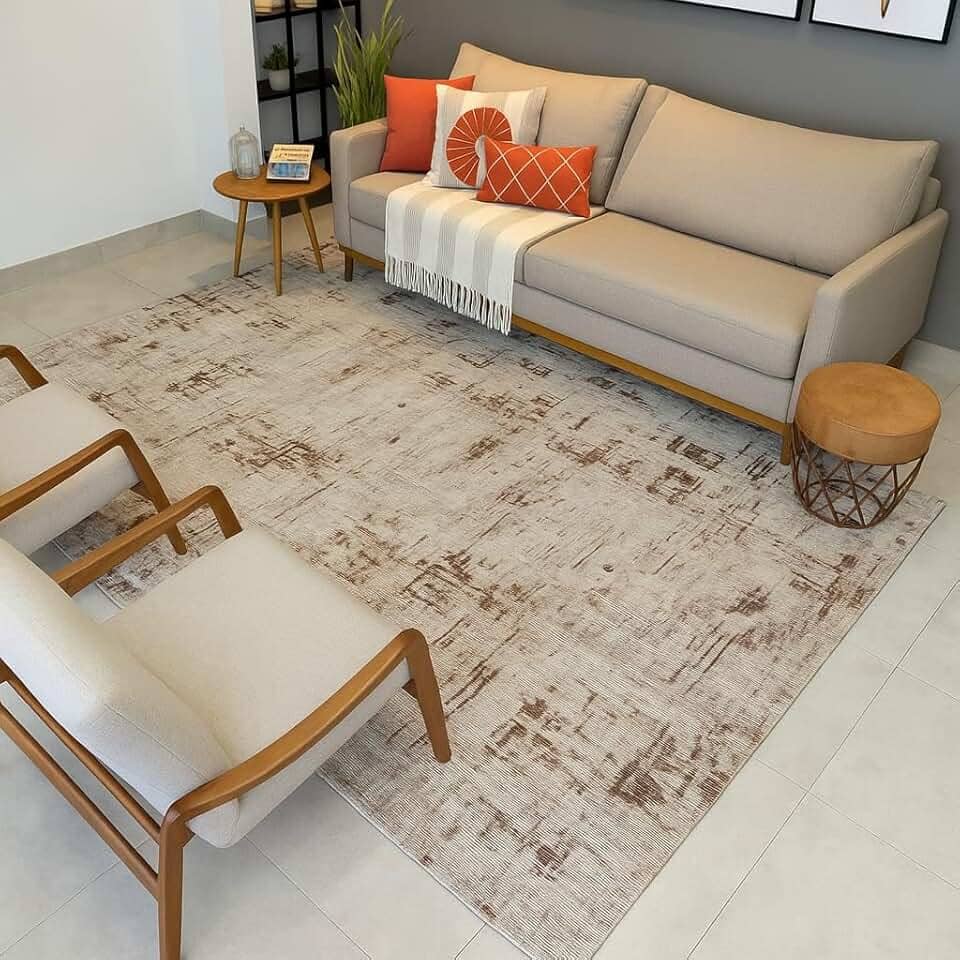 Tapete Retangular para Sala, 200x300cm, Felpa Baixa, Antiderrapante, Decorativo (Bege e Marrom Mesclado)