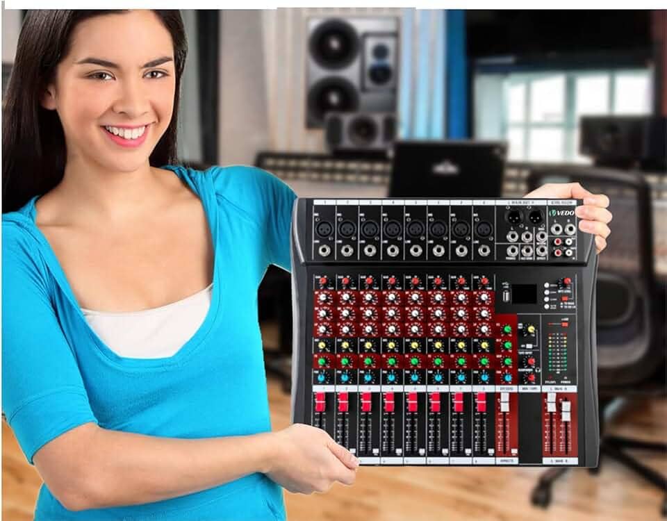 VEDO Mixer de Áudio Profissional 8 Canais com Bluetooth, USB e Fonte Fantasma 48V - Ideal para Shows, Podcasts e KTV em Casa - Portátil e Compatível com PC/Dispositivos Móveis