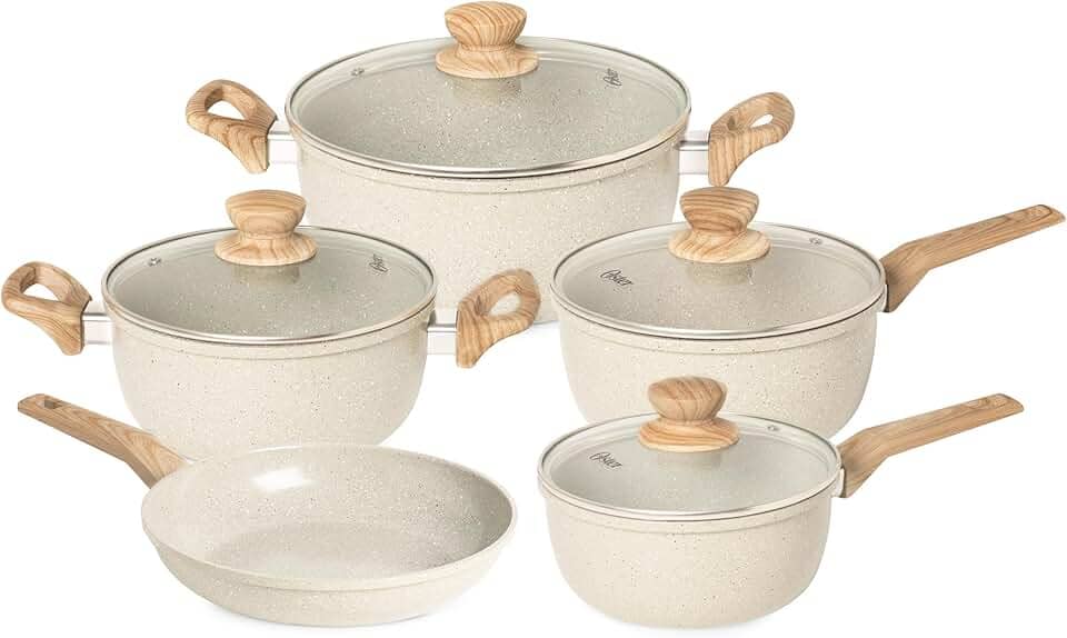 OSTER JOGO DE PANELAS E FRIGIDEIRA MARBLE EDITION CREAM – 5 PEÇAS COM REVESTIMENTO CERÂMICO ANTIADERENTE, ALÇAS EM SILICONE ANTITÉRMICO E BASE COMPATÍVEL COM INDUÇÃO