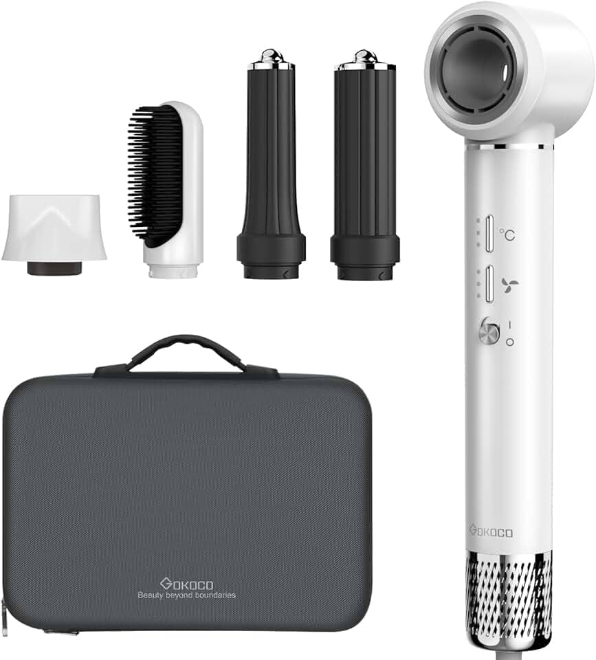 GOKOCO Secador de Cabelo 5 em 1 Conjunto, Escova Secadora 1400W Alta Velocidade 110000 Rpm, Kit Modelador Liso e Cacheado com Bocal Magnético 127Volt e 110Volt, Branco