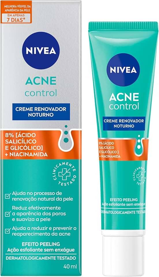 NIVEA Creme Renovador Noturno Acne Control 40ml - Efeito peeling, ajuda no processo de renovação natural da pele com ação esfoliante