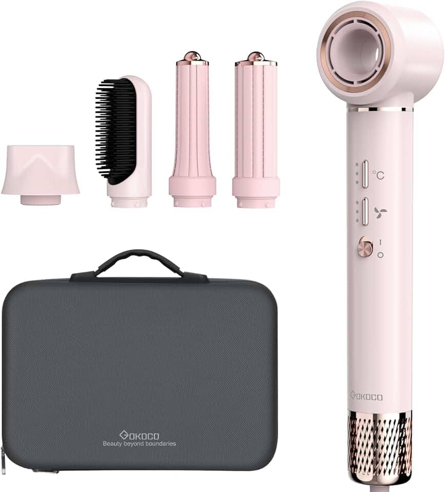 GOKOCO Secador de Cabelo 5 em 1 Conjunto, Escova Secadora 1400W Alta Velocidade 110000 Rpm, Kit Modelador Liso e Cacheado com Bocal Magnético 127Volt e 110Volt, Rosa