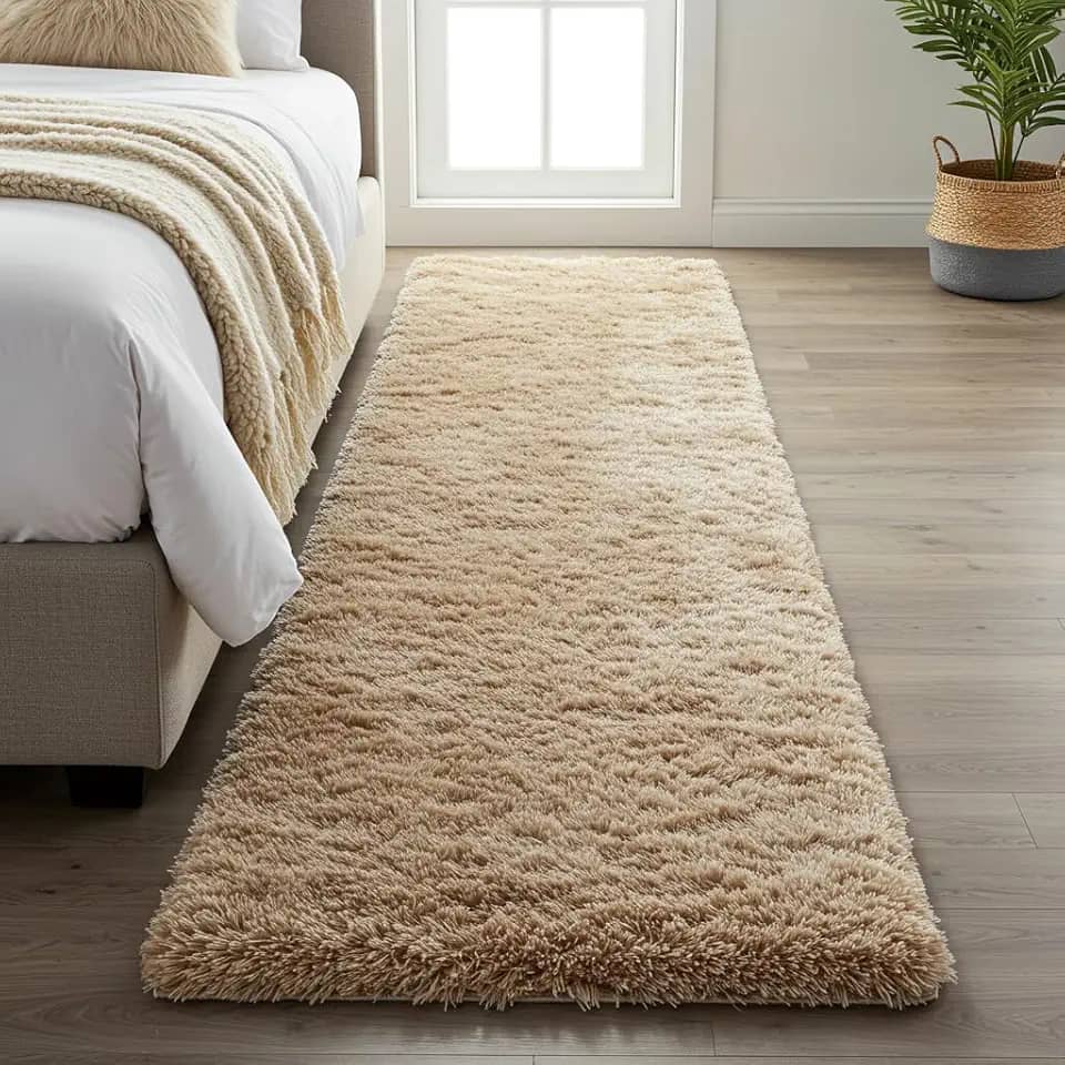 Tapete Passadeira Peludo 2,00 × 0,60 m – Shaggy Super Peludo Felpudo, Antiderrapante, Antialérgico, 100 % Poliéster, Alta Maciez para Quarto, Sala, Corredor (Bege)