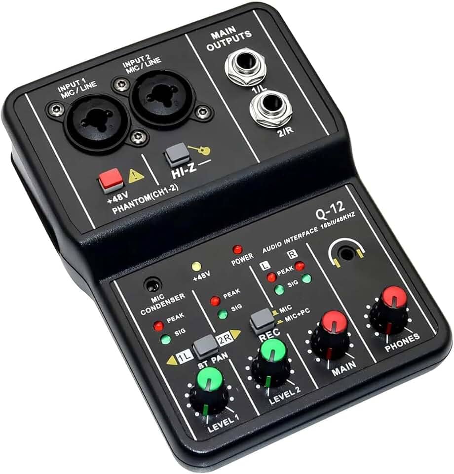 Q-12 Interface de audio,placa de som profissional de canal USB 2.0 DC 5V de alta velocidade, função de monitor para estúdio/gravação musical/jogos/Equipamentos para Gravação Musical