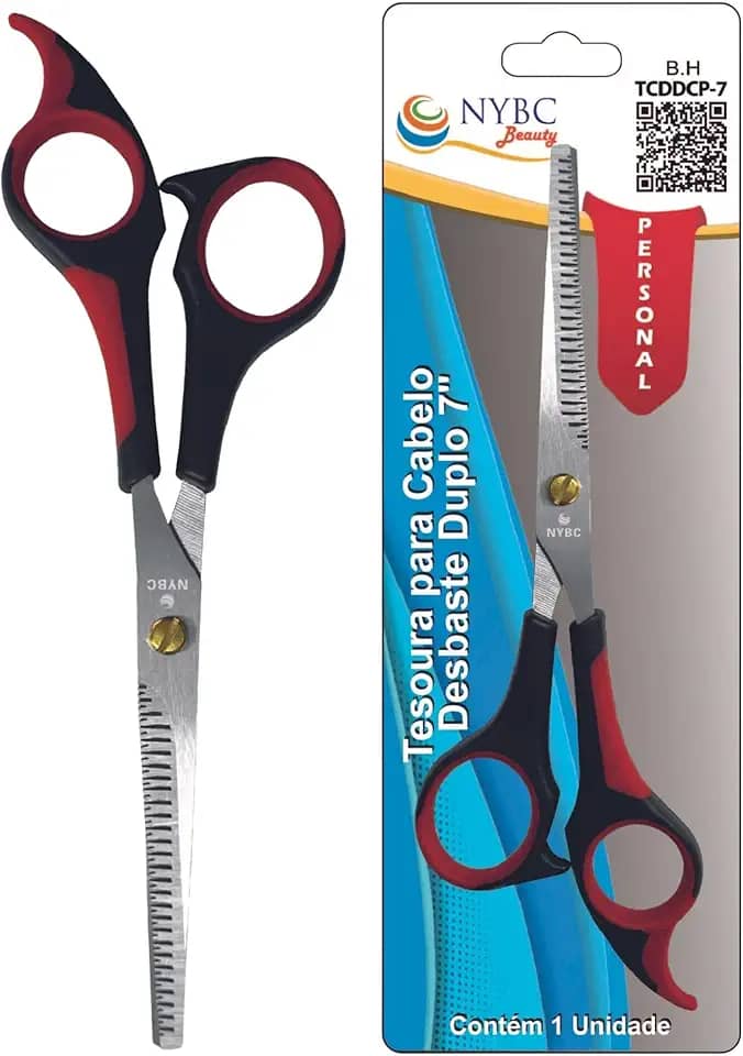 NYBC Beauty Tesoura Profissional para Desbaste Duplo, 7" Polegadas, Cabo Vermelho e Preto, Leve e Eficiente, Para Uso Doméstico e Profissional