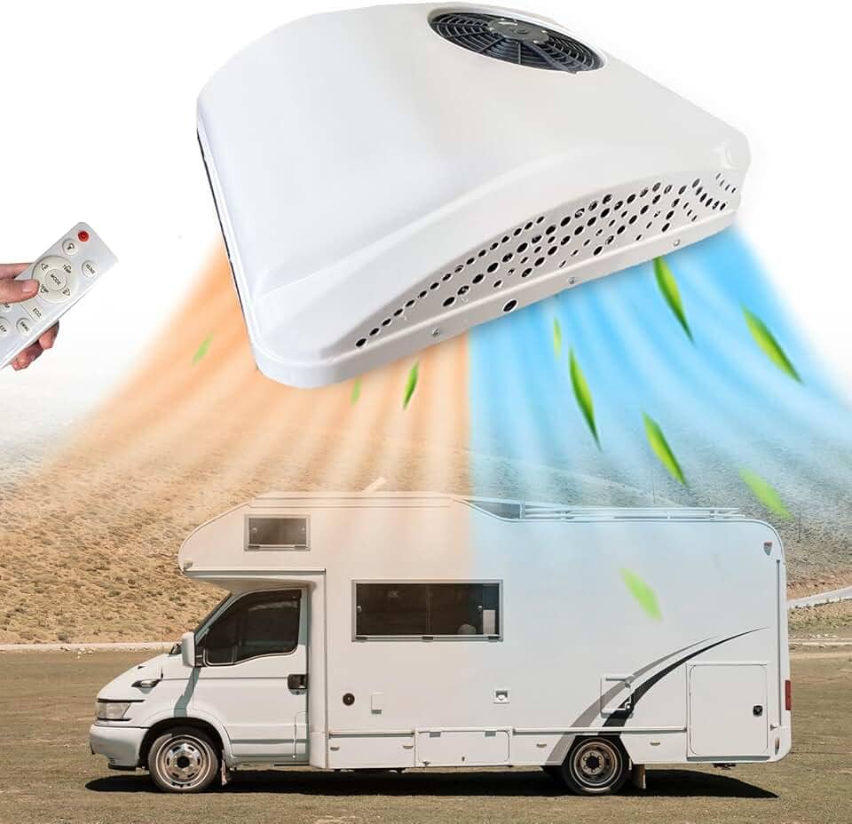 Ar condicionado RV de 24 V com calor 8,5 K BTU universal para trailer, unidade CA de ar-condicionado CC, combinação de aquecedor A/C, silencioso 2 em 1, aquecimento e resfriamento para caminhão