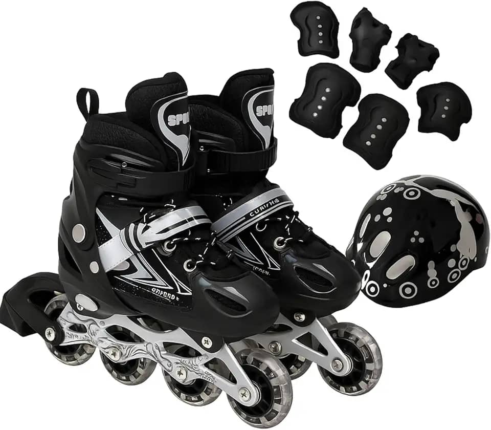 Patins Roller Inline 4 Rodas Skates Ajustavél com Roda Iluminada Jovens e Adultos, Para iniciantes, Uso Interno e Externo + Kit Completo com Capacete e Proteções