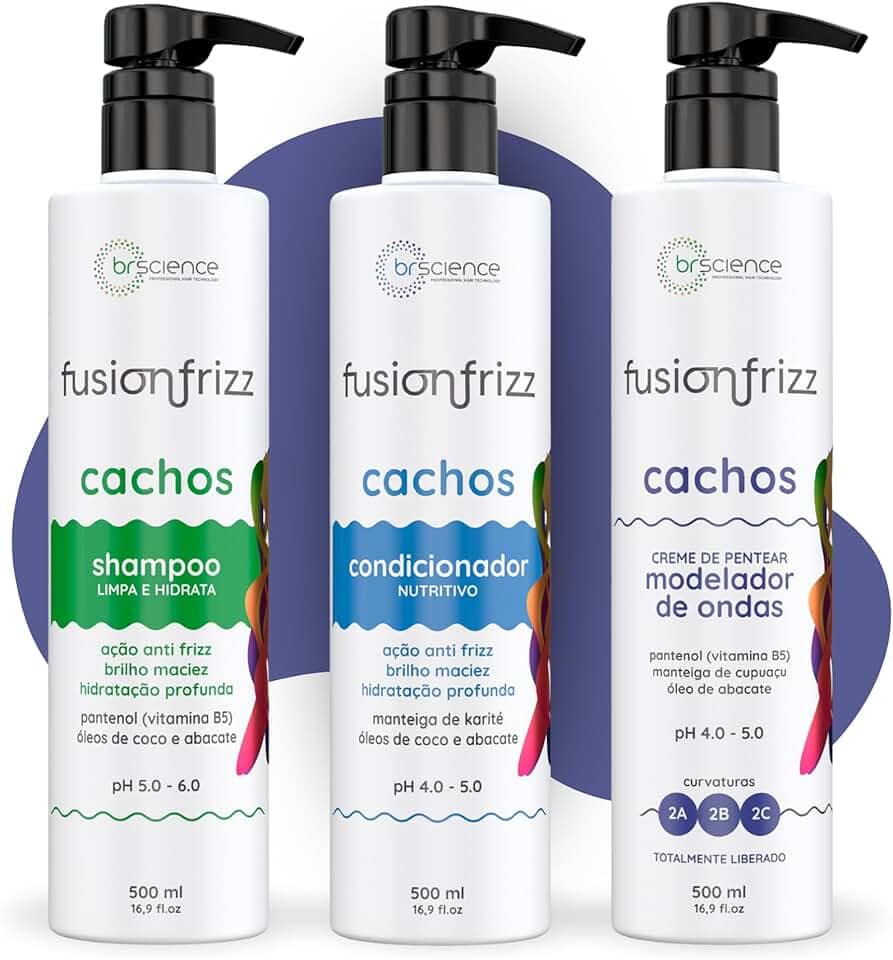 Kit Shampoo, Condicionador e Creme de Pentear Modelador de Ondas Brscience FusionFrizz Cachos – Limpeza, Hidratação e Definição Suave para Cabelos Ondulados 2A, 2B e 2C – 3x500ml
