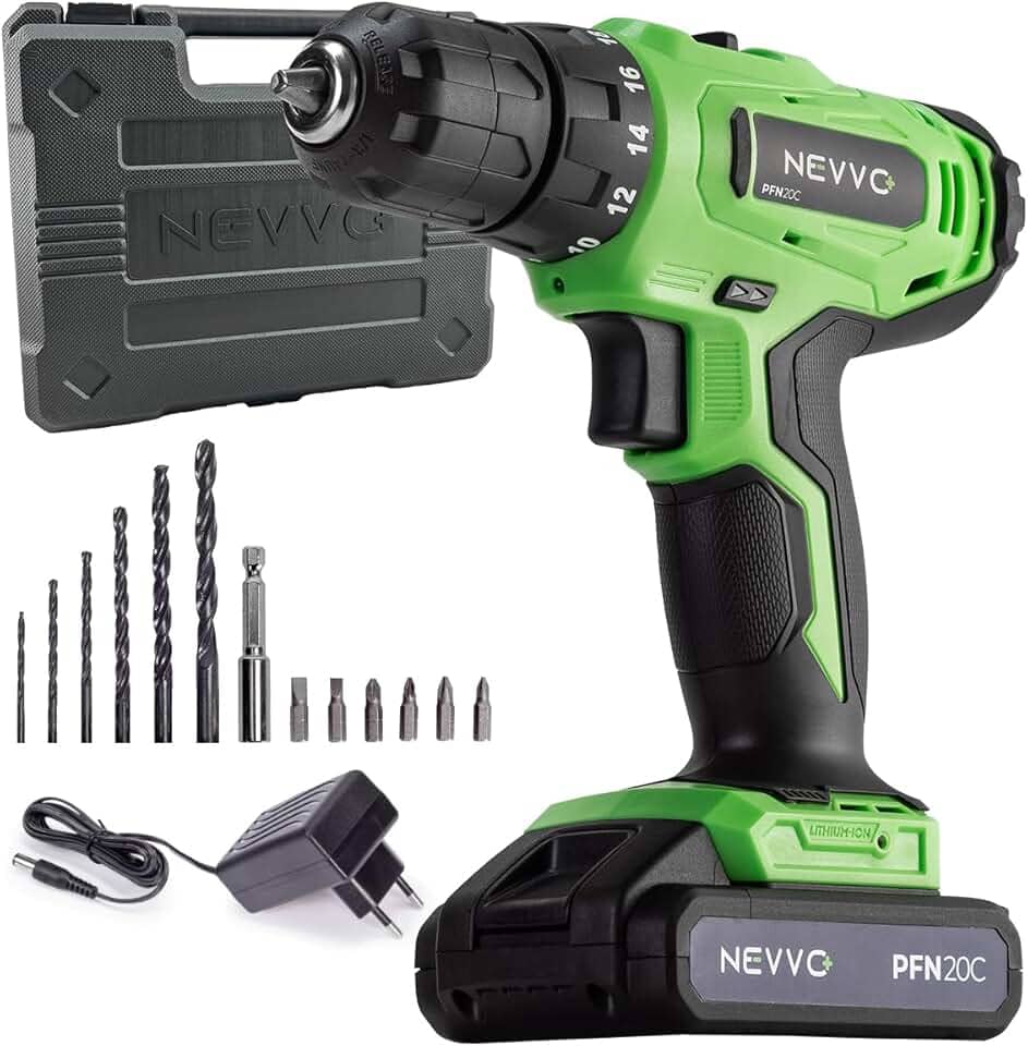 Parafusadeira e Furadeira 20V Potente 1400Rpm 3/8 Engate 10mm Sem Fio Bateria 1300mAh Recarregável Bivolt Torque Variável 18 Níveis 35Nm Com Maleta e Acessórios Profissional PFN20C NEVVO