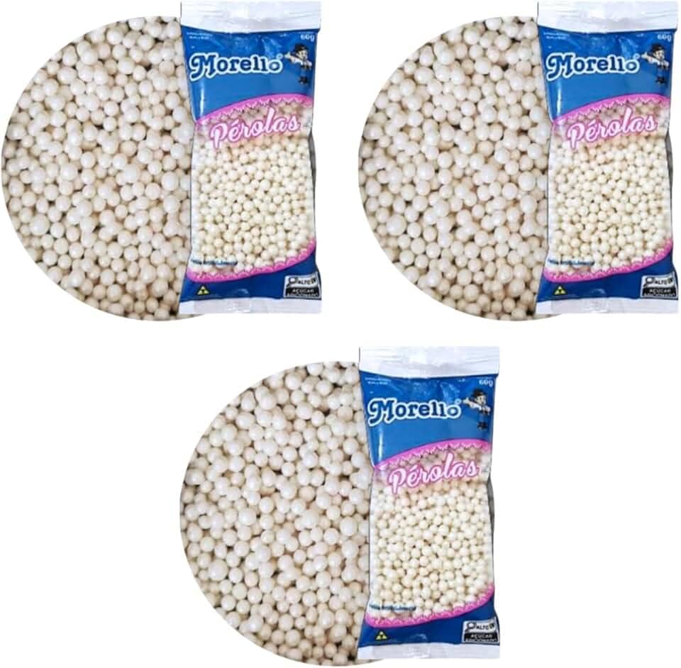 Pérolas de Açúcar Kit 3 Pacotes Confeitaria e Panificação Temas Escolha (Branco Perolado)