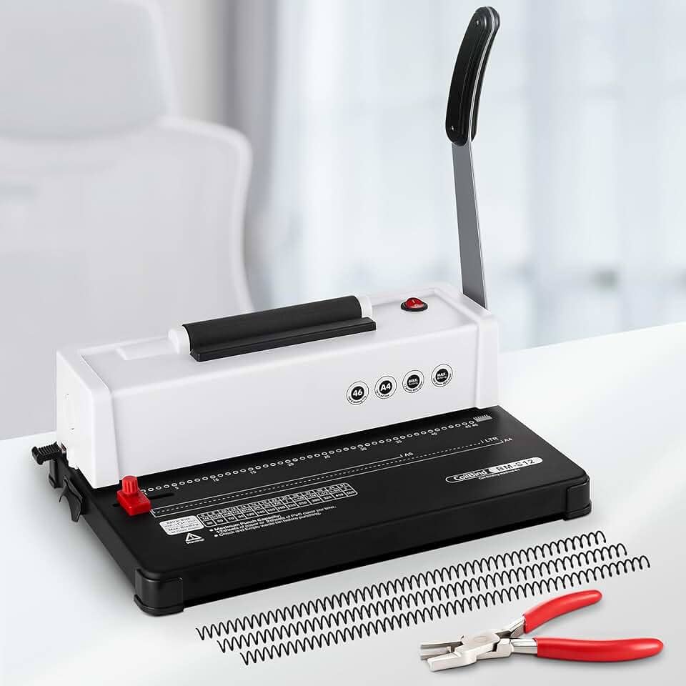 Máquina de encadernação em espiral, capacidade de perfuração de 12 folhas, inserção de bobina elétrica, máquina de encadernação de livros para papel tamanho A4/A5/carta, com 1 caixa de bobinas e