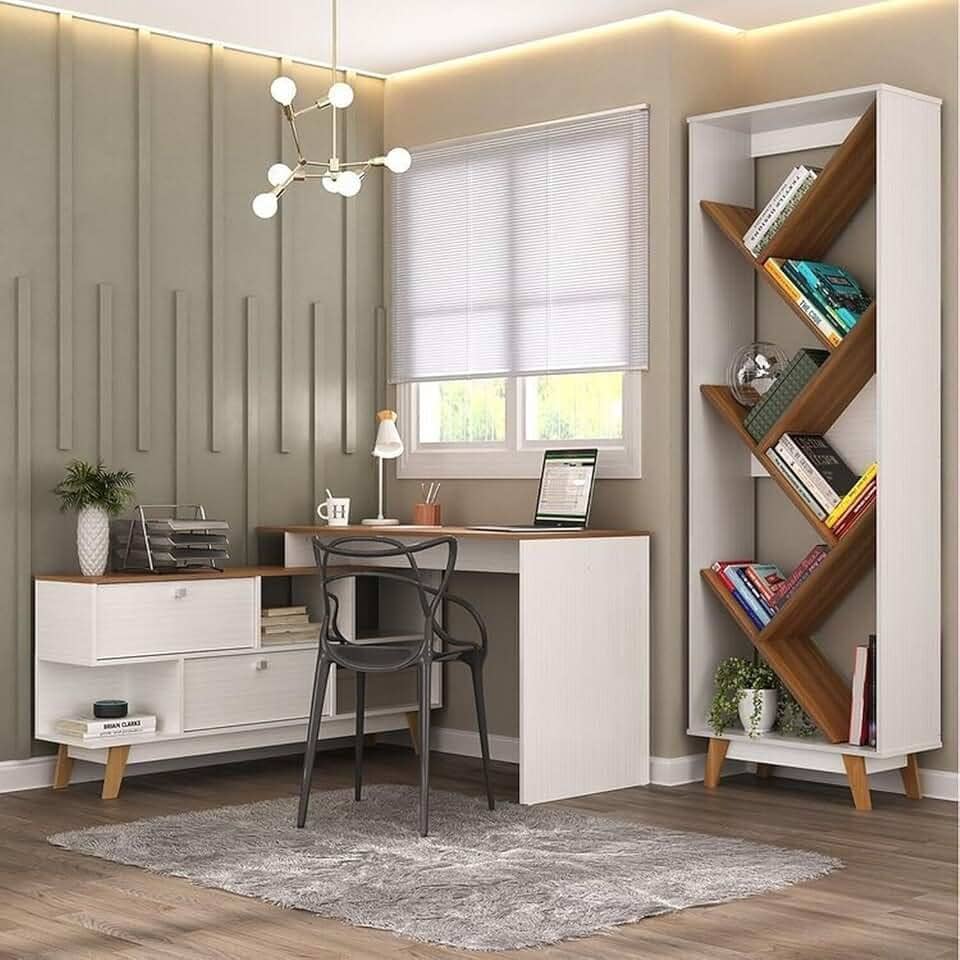 Kit 2 Peças para Escritório com Escrivaninha em L e Estante Multiuso para Livros Branco/Nogal