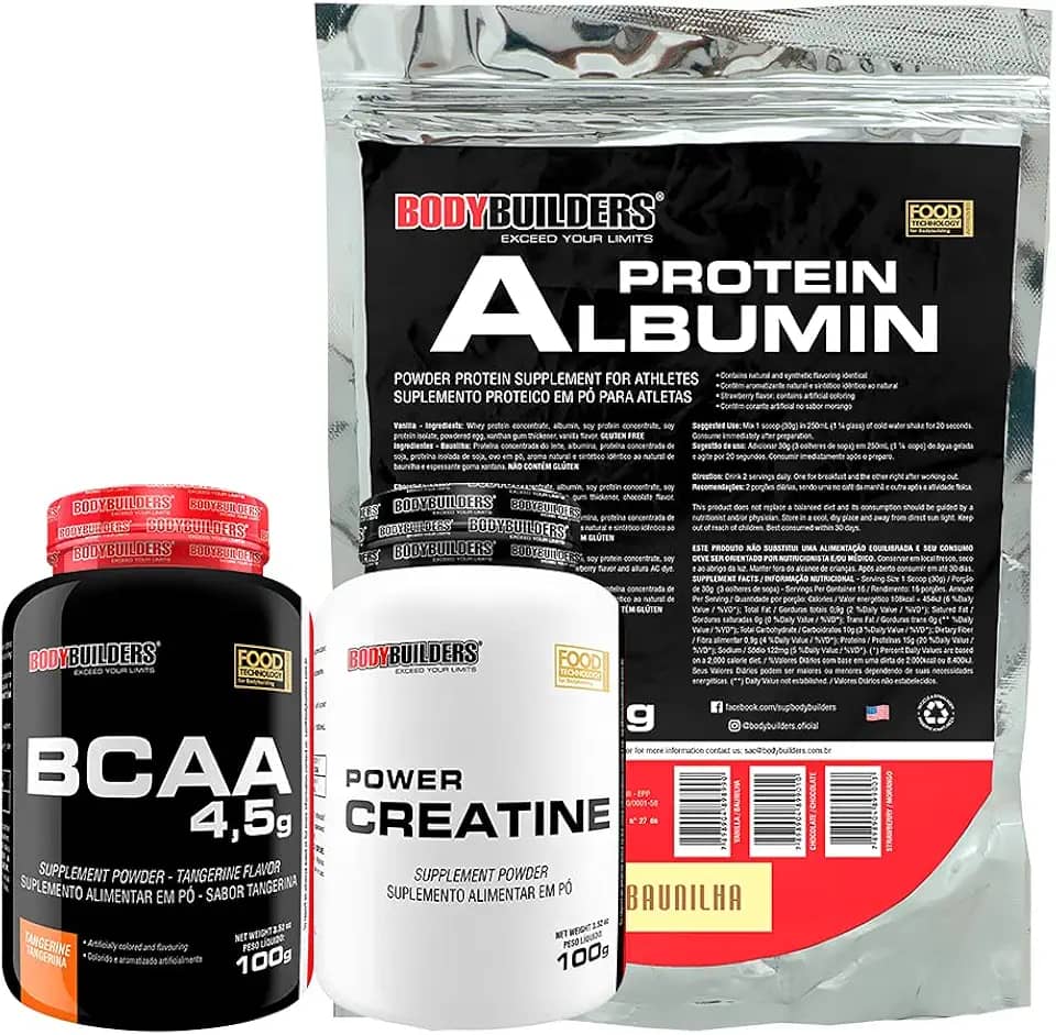 Kit Albumin Protein Baunilha 500g + Power Creatina 100g + BCAA Tangerina 100g - Bodybuilders