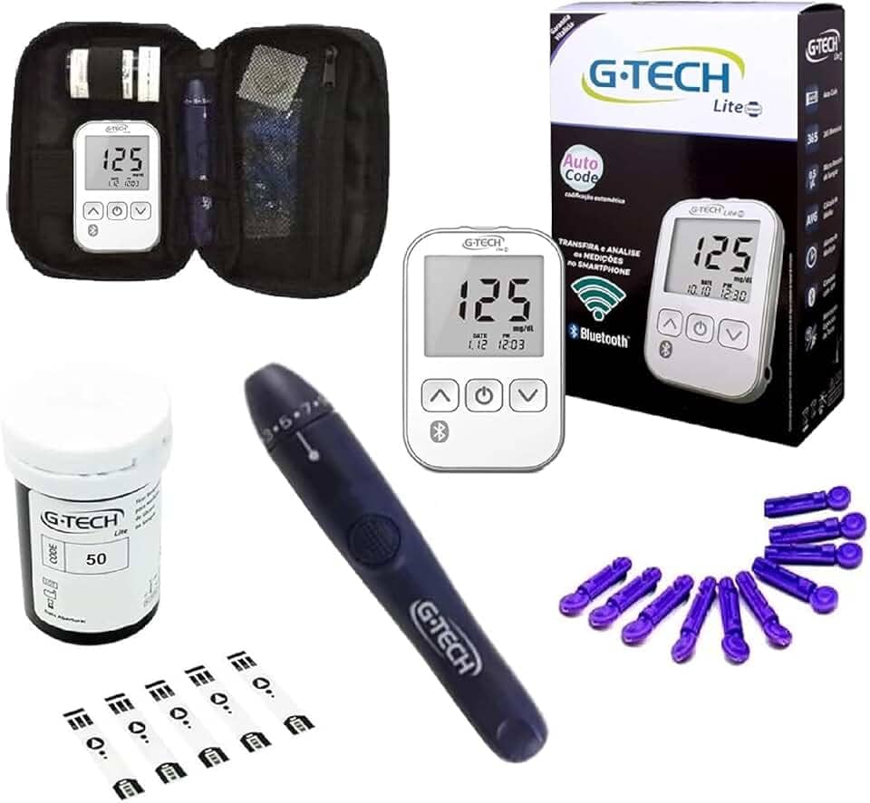 Kit Medidor de Glicose G-Tech Lite Smart Bluetooth 60 Tiras 10 Lancetas + Caneta e Estojo