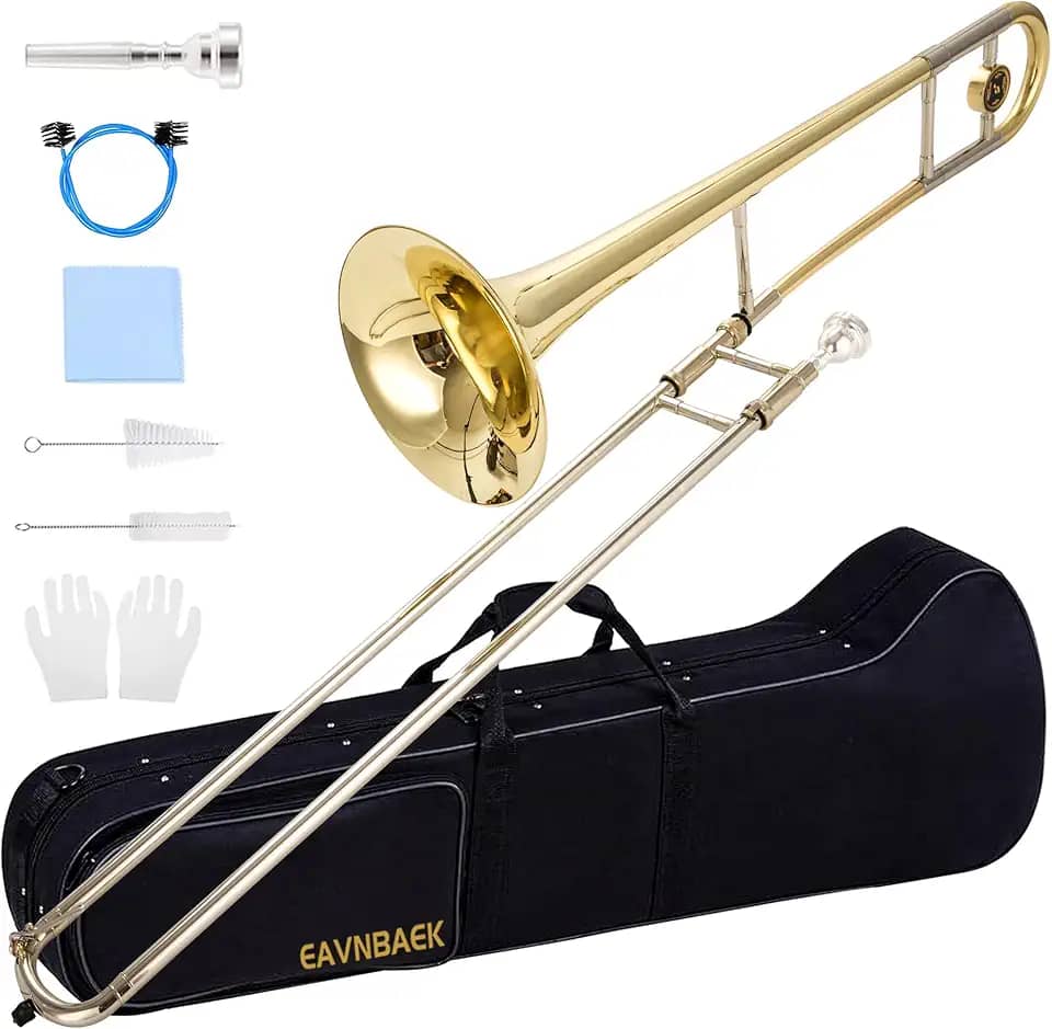 Trombone deslizante tenor Bb, instrumento de trombone plano banhado a latão para estudantes iniciantes com estojo rígido luvas brancas e bocal (ouro)