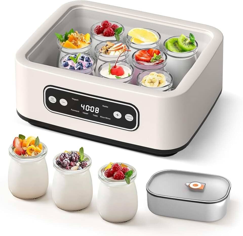 Iogurteira Elétrica com Capacidade de 1,6 Litros e 9 Cpos Portáteis, Bivolt 110-240 VMáquina de Iogurte 4 em 1 com Função PTC e Temporizador