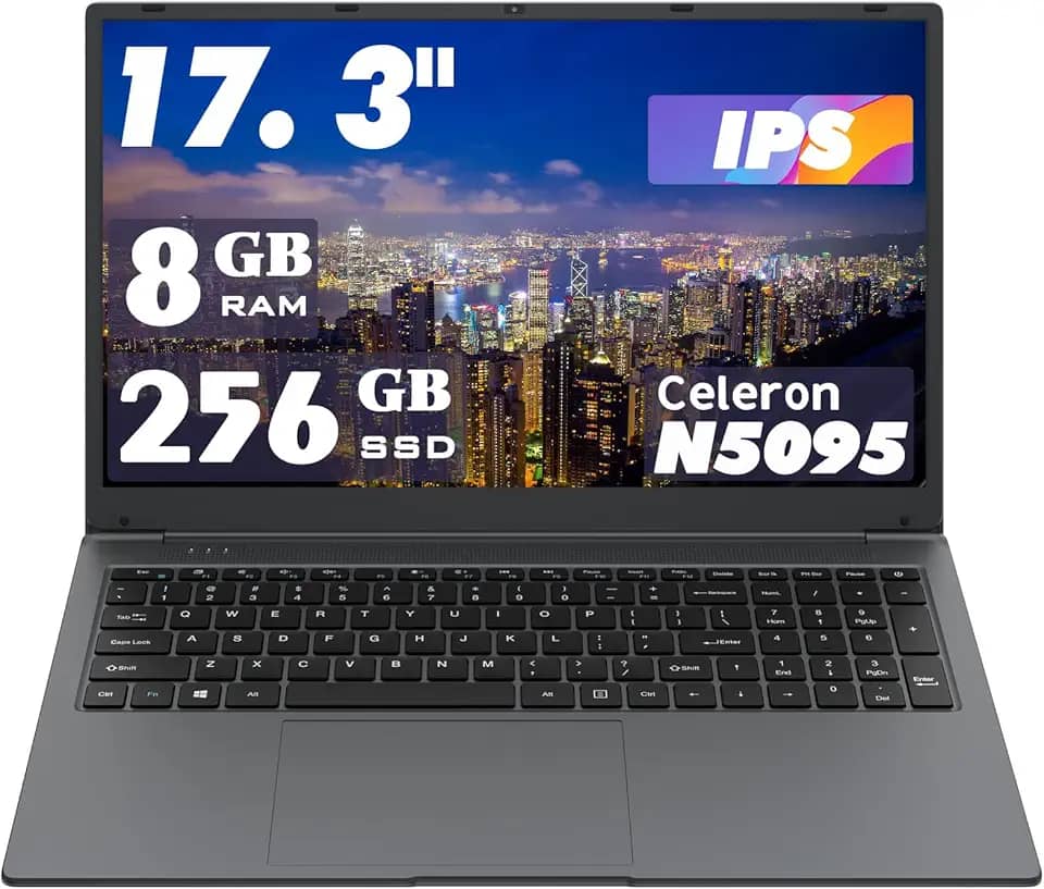 Laptop de 17,3 polegadas: processador Celeron N5095 (até 2,9 GHz), 8 GB de RAM + armazenamento SSD de 256 GB, SO Win 11, com WiFi, USB 3.0, webcam – ideal para estudantes e uso comercial