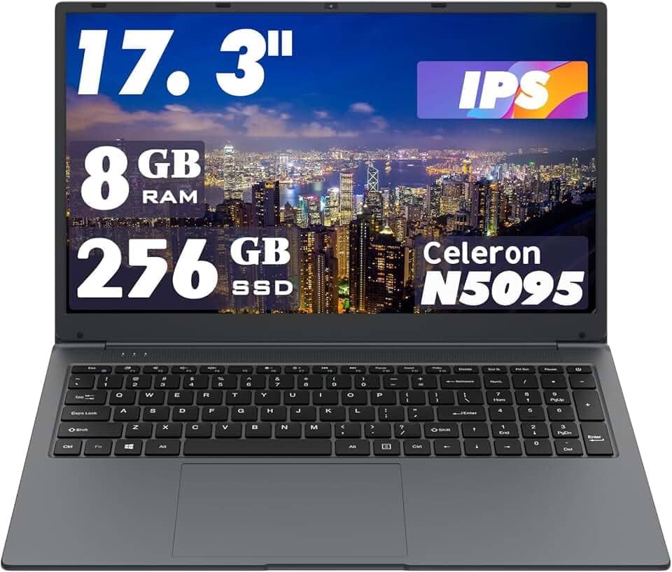 Laptop de 17,3 polegadas: processador Celeron N5095 (até 2,9 GHz), 8 GB de RAM + armazenamento SSD de 256 GB, SO Win 11, com WiFi, USB 3.0, webcam – ideal para estudantes e uso comercial