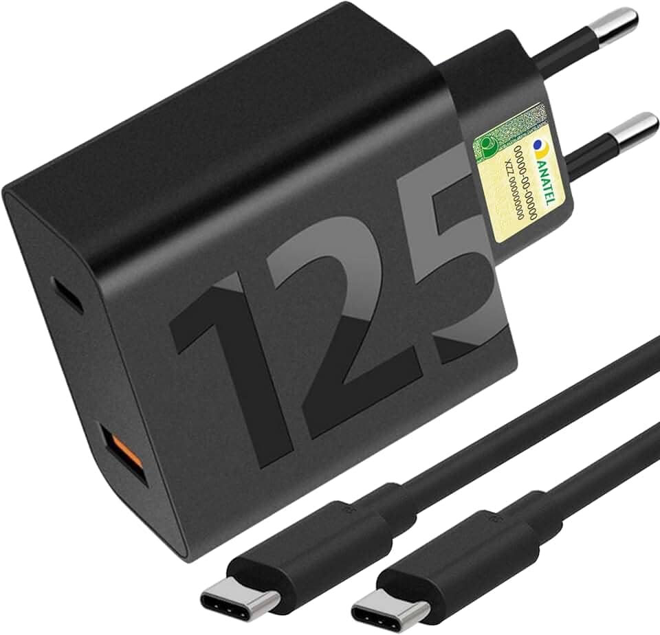 Carregador Turbo 125W Duas Portas + Cabo USB Tipo C de 1m, Compatível com Tipo C, Iphone 15,16, IOS, Android, Galaxy, Xiaomi, Motorola, Samsung, Tablets, Notebooks, Carga até 8x + Rápida Premium