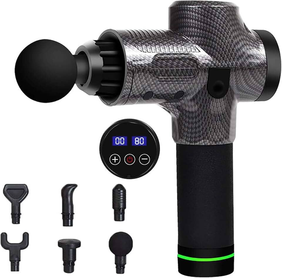 Massageador de percussão muscular profunda feito à mão, pistola de massagem muscular, alívio da dor de atleta sem fio de 30 velocidades, pistola de fáscia elétrica portátil com 6 cabeças