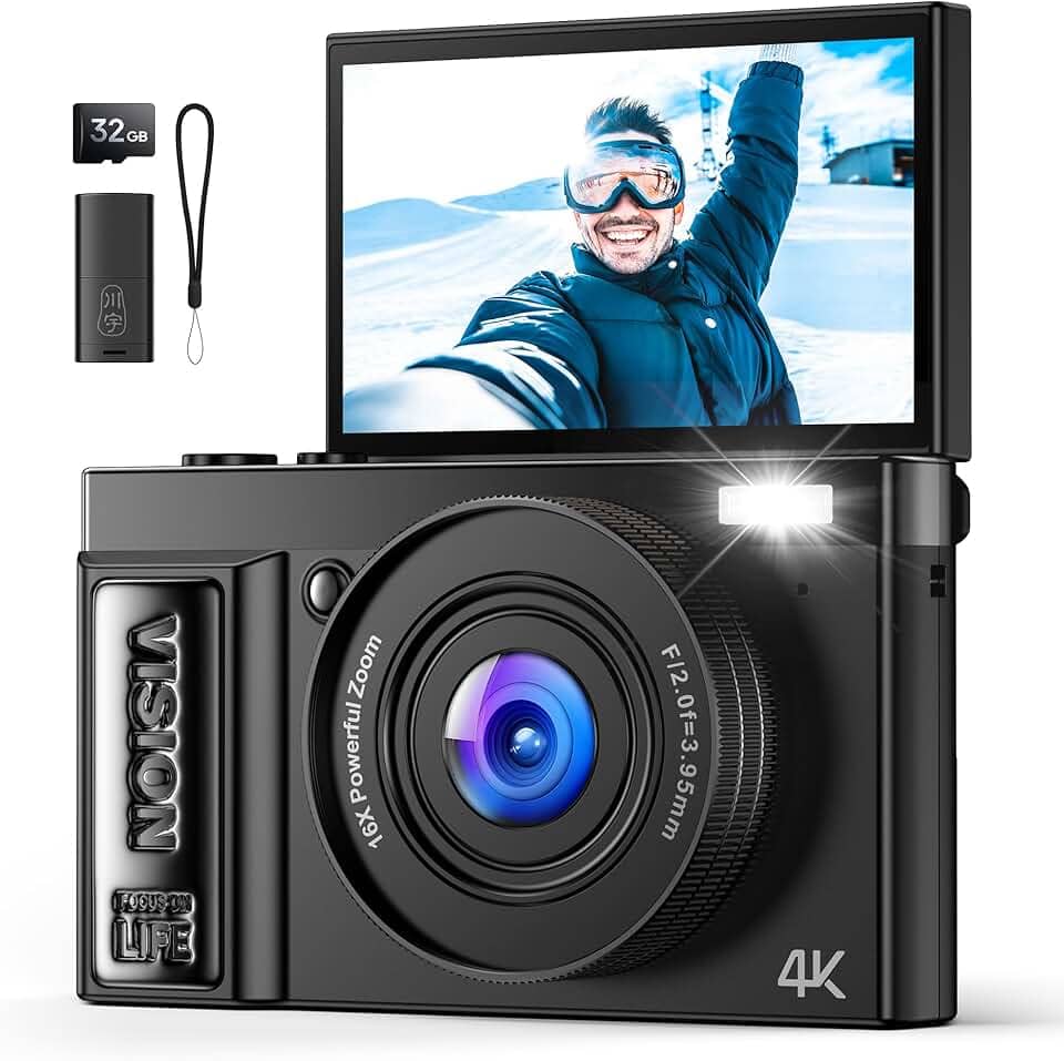 Câmera digital 4K para vlogging de fotografia: Câmeras de 64 MP para vídeo - Câmera fotográfica com zoom de 16X presentes para adolescentes de 8 a 18 anos - Tela flip de 180° Cámara compacta - Câmeras