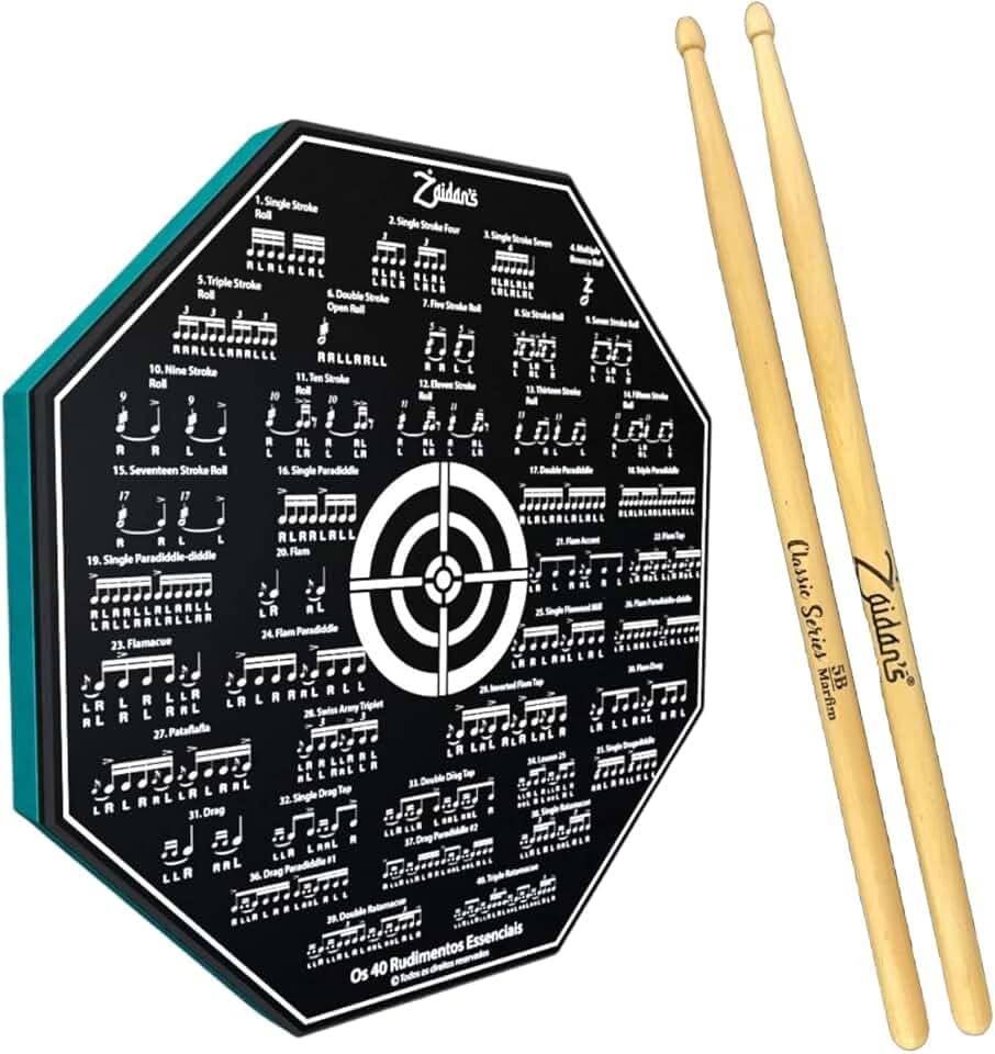 Kit Pad Estudo Bateria Praticável 8 Polegadas Ou 20cm Rudimentos Essenciais + Par de Baquetas Classic Series Zaidan's By Spanking (5B)