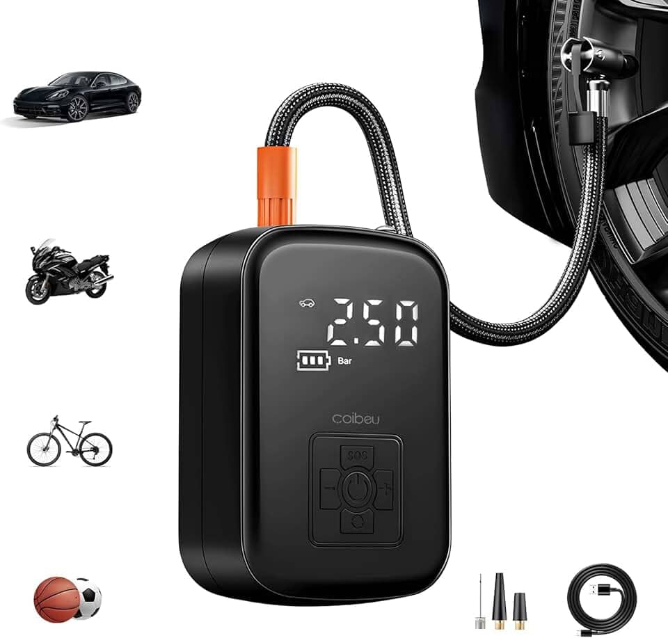 Compressor de Ar Portatil, Calibrador de Pneus Portatil, Bomba de Encher com Display Digital, Pré-sets de Pressão, Power Bank 6000mAh para Carros/Motos/Bicicletas e Bolas
