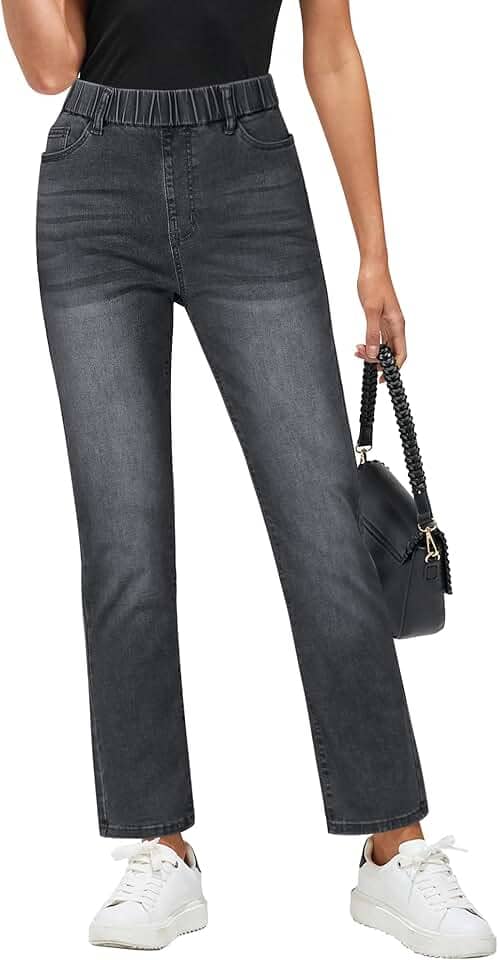 Jeans de perna reta para mulheres, moderno, sem fecho, cintura alta, cropped, cintura elástica, jeans de tornozelo