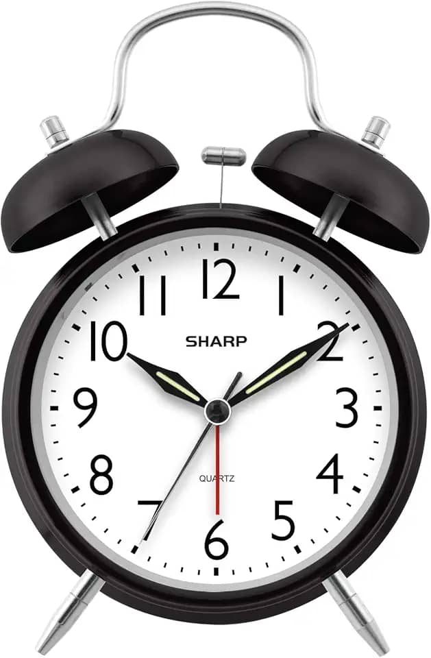Sharp Despertador Twin Bell - Alarme alto - Ótimo para pessoas com sono pesado - Relógio analógico de quartzo operado por bateria (preto meia-noite)