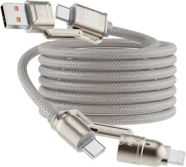 Basike Cabo USB-C 4 em 1, Tipo C Turbo 65W Ultra Rapido Reforçado com Conectores Lightning/Tipo-C/USB-A, Compatível com iPhone, Android, iPad, Tablet e Notebook, 1.2 Metro (Prata, Estilo Tegular)