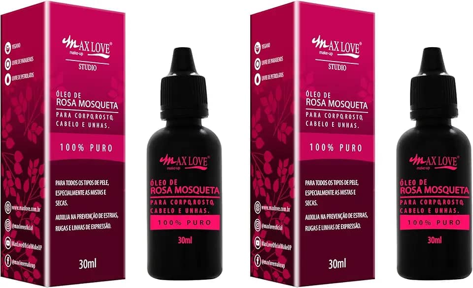 Óleo de Rosa Mosqueta - Kit 2 Unidades 30ml - 100% Puro Max Love - Hidratação Profunda e Suavidade - Óleo Facial e Corporal