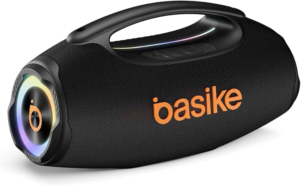 Basike Caixa de Som Bluetooth Portátil 80W RMS (Pico 120W), TWS Estéreo, Modos EQ, Luzes RGB, IPX6 Resistente à Água, Bateria 8000mAh, para Home Theater, Festa e Uso Externo – Preto