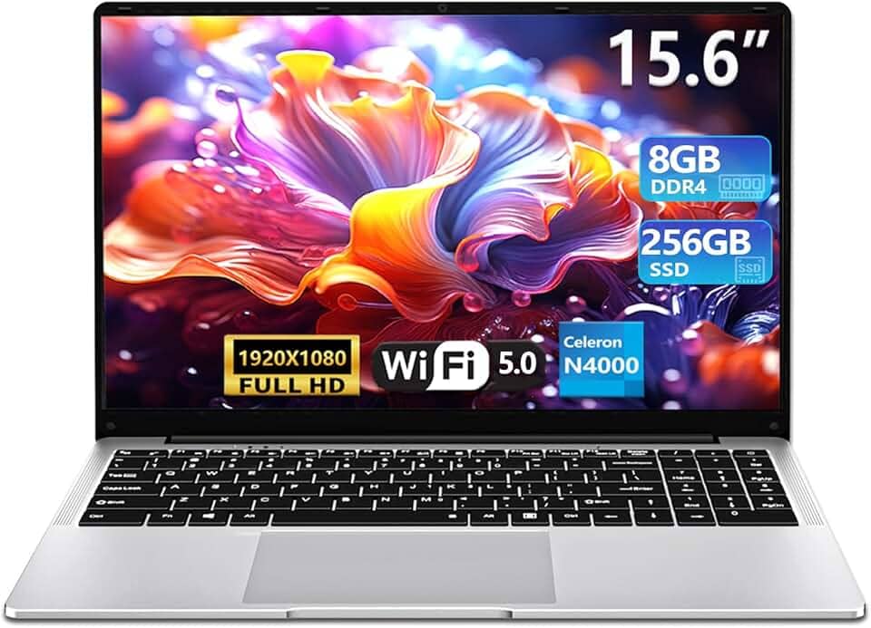 Laptop para jogos, laptops tradicionais de 15,6 polegadas N4000, laptop com 8 GB de RAM, SSD de 256 GB, Netbook WiFi 5 Mini-HDMI abertura de ângulo 180 BT5.0, USB3.0, laptop fino e leve para