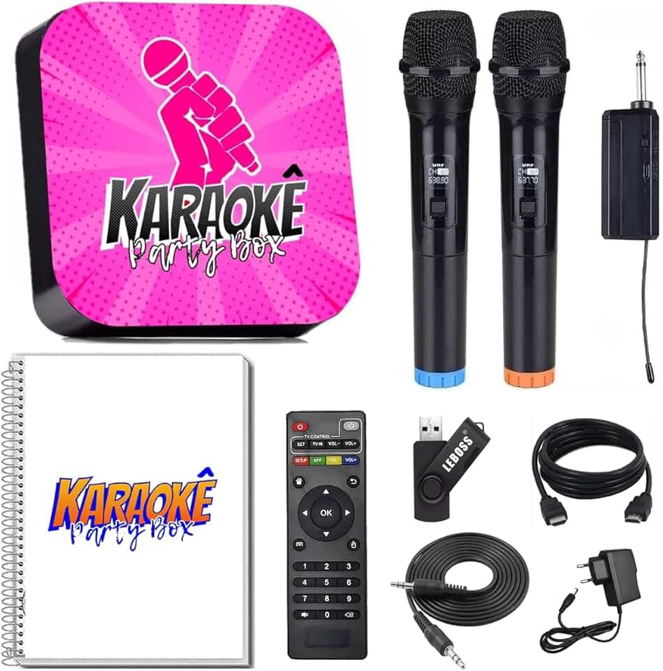 Karaoke Party Box Rosa +2 Microfones Sem Fio +de 2000 Músicas +Catalogo Encadernado (Com Pontuação) (Não Precisa de Internet) Jukebox ORIGINAL (Com Lista de Espera)