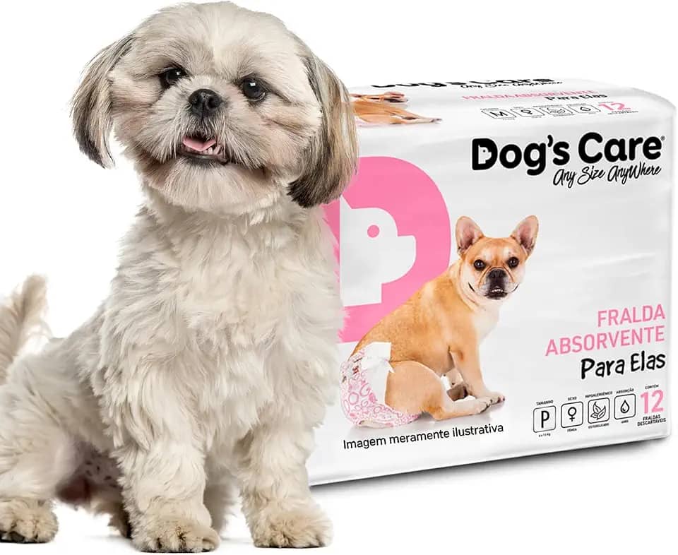 DOG’S CARE Fralda Descartável Para Cães Fêmeas de 3 a 6kg - Fralda Absorvente Para Cachorros Idosos e Filhotes - Tamanho P - 12 Unidades