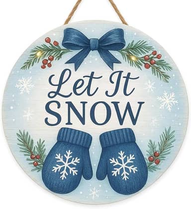 Let It Snow Guirlanda de inverno, guirlandas de Natal para porta da frente, luvas azuis rústicas de madeira, decoração de floco de neve, sinal de casa de fazenda, janela de parede, exterior, interior