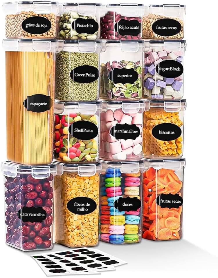 Kit Com 15 Potes Herméticos para Mantimentos, Alimentos, Marmita e Grãos, Plástico PP Transparente com Tampa Easy Lock, para Organização Armário de Cozinha e Casa, BPA Free
