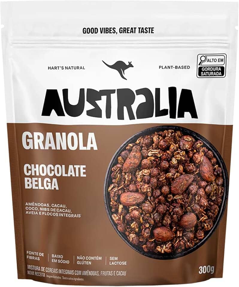 Hart's Natural Granola Australia Belgian Chocolate | Granola Sem Glúten, Sem Lactose, Vegano | 100% Natural | Alto em Fibras | Snack Saudável | 300g